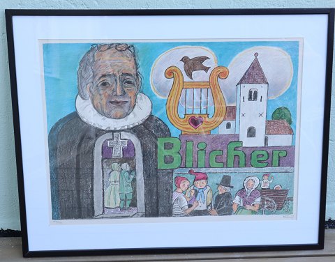 Henry Heerup "Pastor Blicher" ca 62 x 78 cm including black wooden frame - in 
glass and pas partout Signed and numbered
