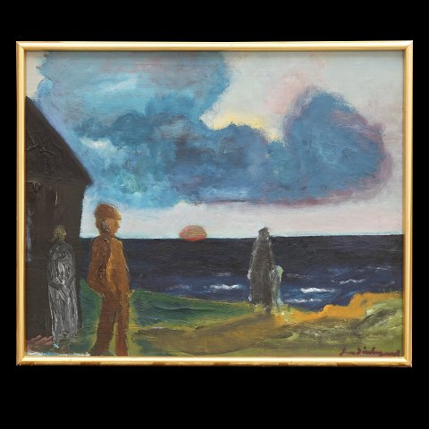 Jens Søndergaard, 1895-1957, oil on canvas. 
"Evening at the sea". Signed and dated 1942. 
Visible size: 61x76cm. With frame: 65x80cm