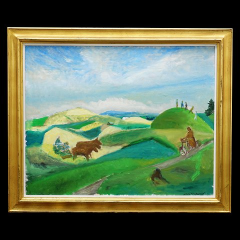 Jens Søndergaard, 1895-1957, Öl auf Leinen. 
Landschaft mit Menschen, Tieren und einem Haus. 
Signiert. Lichtmasse: 80x100cm. Mit Rahmen: 
100x120cm