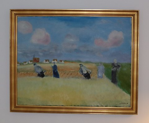 Painting Harvest Landscape Jens Søndergaard Oil on canvas 106 x 131 cm with 
golden frame