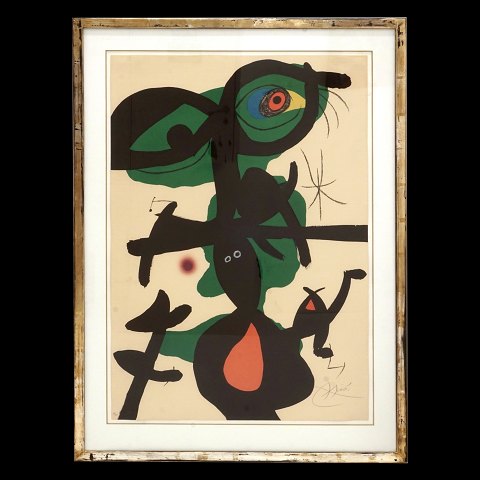 Joan Miró litografi. Joan Miro, 1893-1983, 
litografi i farver. Signeret og nummereret 48/75. 
Fra Oda à Joan Miró (IX) 1973. Lysmål: 88x61cm. 
Med ramme: 107x79cm