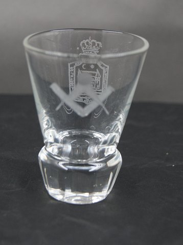 Danish freemason glasses, schnapps glasses engraved with freemason symbols, on an edge-cutted foot