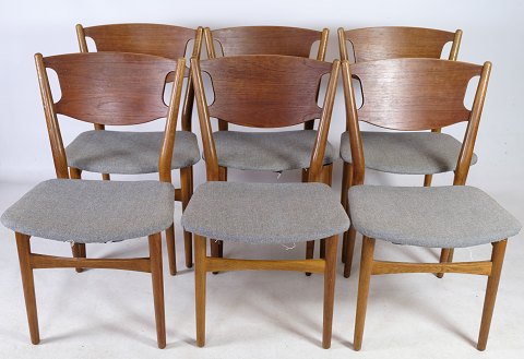 Sæt af seks, "model 42A" designet af Helge Sibast, Eg & teak, grå pude, 1953
Flot stand
