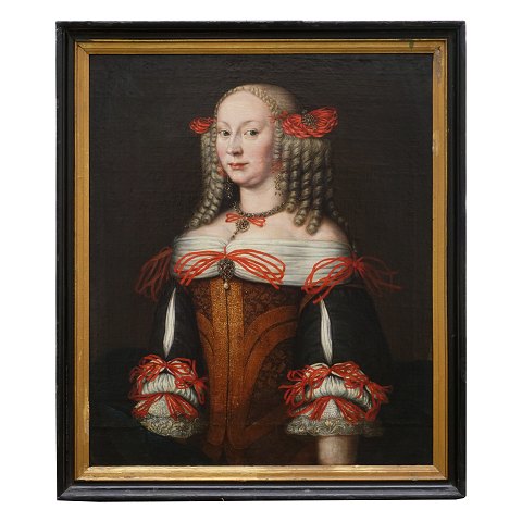 Adelsporträt von einer Frau. Hergestellt um 1700. 
Lichtmasse: 80x66cm. Mit Rahmen: 92x78cm