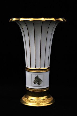 Royal Copenhagen white Hetsch vase with gold decoration "Derby vase 1973" with 
horse motif on the front...