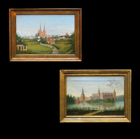 Jacob Christian Gottschalk, 1817-94, oil on 
canvas, Roskilde Cathedral & Castle Frederiksborg. 
Signed and dated 1880 & 1864. Visible size 
29x41cm. With frame: 38x50cm