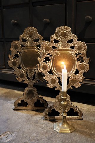 A pair of decorative French 19th century black painted wooden stands with brass 
ornament...