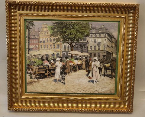 B&G Porcelain painting in golden frame 35.5 x 42 cm Paul Fisher (1860-1934) 
Copenhagen Square Hojbroplads seen from Amagertorv no 1608 of 1750 
