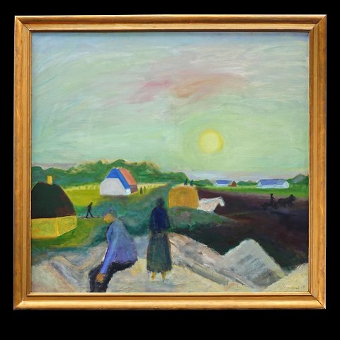 Jens Søndergaard, Denmark, 1895-1957, oil on 
canvas. "Landscape with dunes and sunshine". 
Signed and dated 1948. Visible size: 130x139cm. 
With frame: 147x155cm