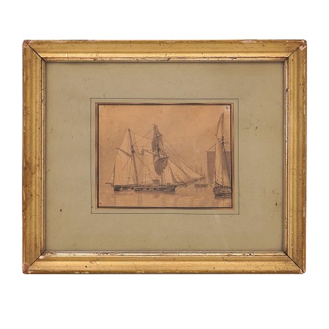 C. W. Eckersberg, 1783-1853, Zeichnung mit 
Marinenmotiv. Lichtmasse: 12,5x16cm. Mit Rahmen: 
27,5x33cm