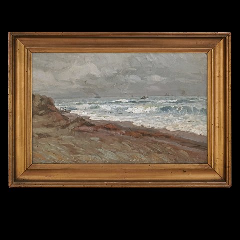 Gemälde Skagen. Hans Gyde Petersen, 1862-1943, Öl 
auf Leinen mit Motiv von dem Strand, Skagen, 
Dänemark. Signiert und datiert "Skagen 20. April 
09". Lichtmasse: 28x42cm. Mit Rahmen: 39x53cm