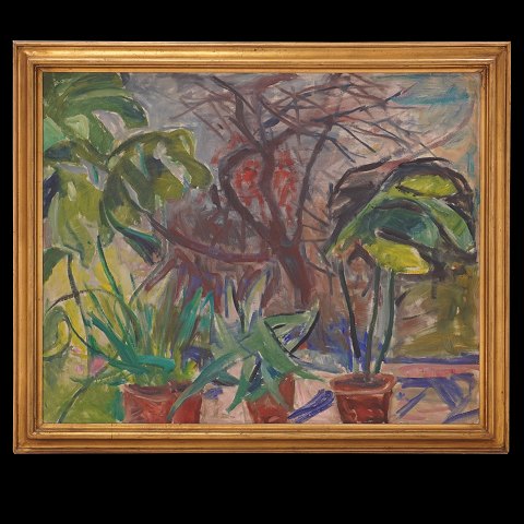 Axel P. Jensen, 1886-1972, olie på lærred. 
Signeret. "Blomster i vindueskarm". Lysmål: 
80x99cm. Med ramme: 94x113cm