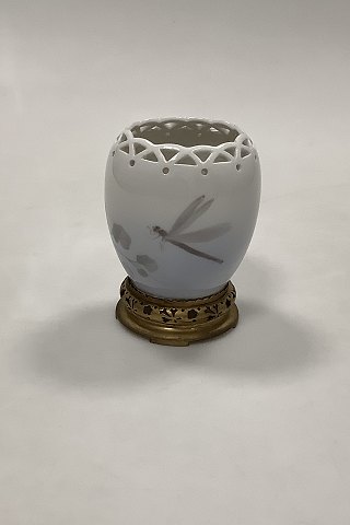 Royal Copenhagen Art Nouveau Vase with Motif of a Dragonfly and Bronze base No 
974 / 225