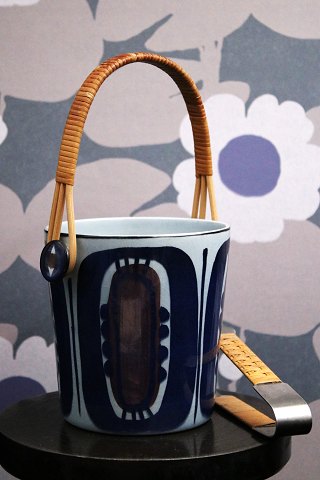 Old glazed earthenware ice bucket from Aluminia with braided handle and matching 
ice tongs...