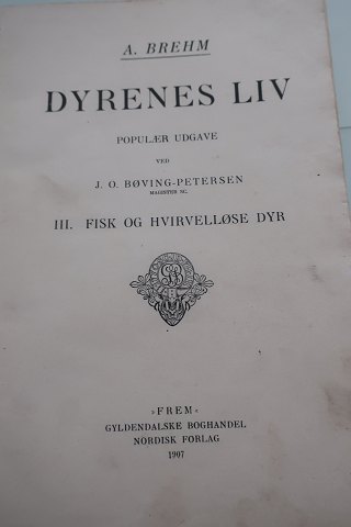 Dyrenes Liv (The life of the animals)
Bl.a. Fiskene, De hvirvelløse dyr, Edderkopperne, Sneglene, Ormene og mange 
andre
Rigt illustreret
Af A. Brehm
Bind III
Frem, Gyldendals Boghandel, Nordisk Forlag
1907
Sideantal: 590
Indbundet
In a good condi