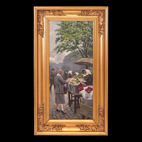 Paul Fischer, 1860-1934, oil on panel. Flower 
sellers at Højbro Plads, Copenhagen. Signed. 
Visible size: 36x15cm. With frame: 46x25cm