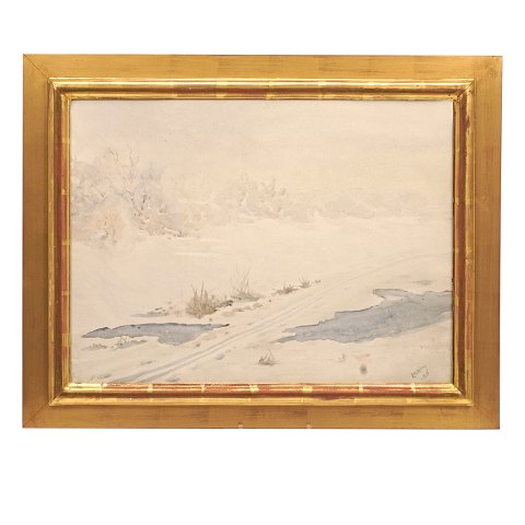 Laurits Andersen Ring, 1854-1933, Wasserfarbe, 
Winterlandschaft. Signiert und datiert 1886. 
Lichtmasse: 41x55cm. Mit Rahmen: 56x70cm