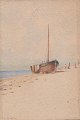 Italian artist, 
19th century.: 
Ship on a beach 
with people. 
Watercolor. 
Signed. D. la 
Vampika. ...