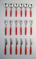 Complete service for 6 p., Henning Koppel. Strata cutlery made of stainless 
steel and red plastic. Produced by Georg Jensen.