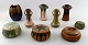 Collection of French art pottery vases, lidded boxes, Denbac.
