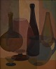 S. Lundgreen, svensk maler. Midt 1900-tallet. 
Olie på plade. Stillleben med flasker, glas og kander.