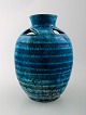 Accolay, French ceramic vase. Turquoise, stylish design with stripes.
