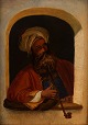 Ubekendt maler, 19. årh.: En piberygende tyrker med turban. Usigneret. Olie på 
træ.