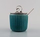 Michael Andersen, Denmark: Marmelade jar in ceramics, fluted style with plated 
silver lid and silver spoon by Hans Hansen.
