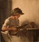 Peter Ilsted 
(1861-1933). 
Interiør med 
mandolinspillende 
ung kvinde. 
Mezzotinte i 
farver. ...