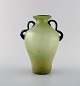 Murano vase with handles in light green mouth blown art glass, 1960