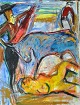 Degett, Karen 
(1954 - 2011) 
Denmark: 
Bullfighting. 
Acrylic on 
paper. 65 x 50 
cm. ...
