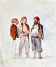 Danish Golden Age Artist (19th Century): Three men in conversation. Watercolor on paper. 13 x ...