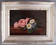 I.L. Jensen school; painting of roses and woodforget-me-not on marble ledge in 
silverframe