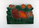 Lisa Larson for Gustavsberg. Large and rare wall decoration. Red bird on green 
background. 1960