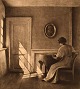 Peter Ilsted (1861-1933). Interior with woman. Rare etching. Ca. 1900.
