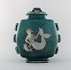 Wilhelm Kåge for Gustavsberg. Large and rare argenta art deco ceramic lidded jar 
decorated with mermaid and jelly fish in silver inlaid. Sweden 1940