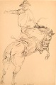 Sally McClymont, Australia. Tusch drawing. Cowboy on horse. Late 20th century.
