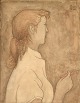Unknown artist, pencil and watercolor on cardboard.Portrait of young woman with ...