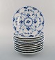 10 Royal Copenhagen Blue Fluted Full Lace plates in porcelain. Model Number 
1/1087.
