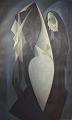 Orla Muff (1903-1984), dansk kunstmaler. Olie på lærred. Bedende nonne med 
kubistisk nøgenmodel i forgrunden. Abstrakt modernisme i mørke toner. Dateret 
1954.

