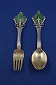 Michelsen set Christmas spoon and fork 1932 of Danish partial gilt sterling silver