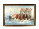 Oil painting 
with motif of 
ships and 
gilded frame 
signed Thornøe.
52 x 74 cm.