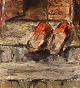 Hanna Brundin (1914-2000), Sweden. Oil on canvas. Slippers on a staircase. 
Modernist. 1970s.
