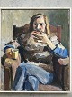 Jon Gislason 
(født 1955):
Portræt af 
spisende man i 
lænestol 1979.
Akryl på 
lærred.
Sign.: ...