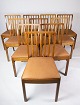 Set of 10 
dining room 
chairs of light 
wood and 
upholstered 
with cognac 
leather from 
the 1940s. ...