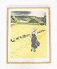 Print of farm girl and in yellow colours, with gilded frame. 39 x 30 cm.