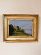 Oil on canvas Small 1800s painting Coastal area with house and ski bus signed Measures 22 x 27.5 ...