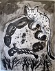 K&uuml;hl, Lena 
(1950 -) 
Denmark: 
Composition 
with cat. Ink / 
watercolor on 
paper. Signed 
2020. ...