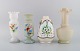 Fire antikke vaser i håndmalet mundblæst opalineglas. Ca. 1900.

