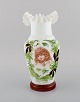 Antik vase i mundblæst opalineglas med håndmalet motiv af ung kvinde og 
bladværk. Ca. 1900.  
